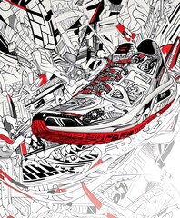 Wall Mural - A stylized sneaker surrounded by intricate black and white graphics.