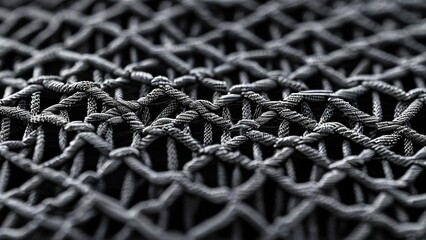 Close up of a black fishing net with a focus on the weave and knots.