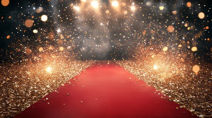 Wall Mural - a golden confetti rain on a red carpet in motion blur, with a brilliant spotlight on the background,