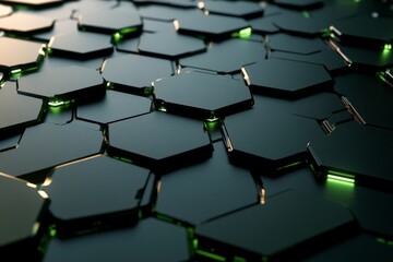 Poster - Graphite hexagons with a green background abstract black hexagon pattern on green neon background futuristic technology concept