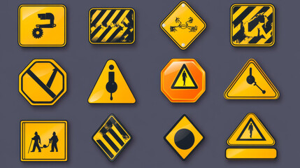 Vector signs and plates for warning, caution, and danger alerts, featuring yellow safety signs for hazard areas. Includes symbols for danger, shock, keep out, caution, and risk zones,.