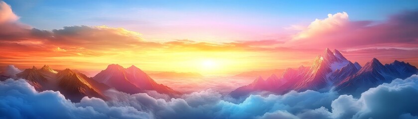 Majestic mountain sunset with vibrant colors, dramatic peaks illuminated by the golden hour, serene and awe-inspiring landscape