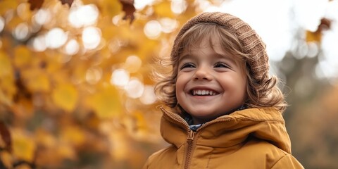 a smiling children enjoys the golden autumn colors, Generative AI