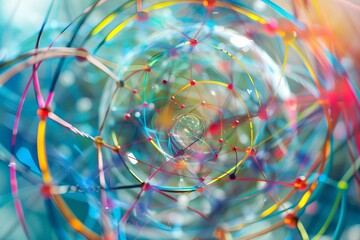 Poster - Abstract colorful network structure rotating on turquoise background with depth of field