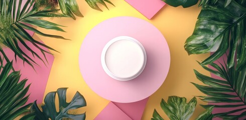 Poster - This is a flat lay of cosmetic products on a colorful summer background with tropical palm leaves. It is a top view of a 3D rendering.