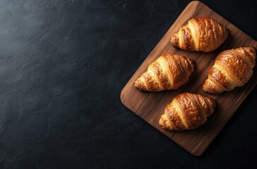 Poster - Four Golden Croissants on a Wooden Cutting Board