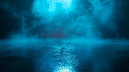 Poster - Wet floor lights cement street art 3D background background rendering bright environment abstract effect black empty asphalt old blue design concrete black fog neon dark asphalt cool smoke concept.