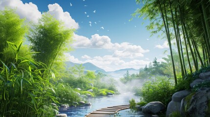 Wall Mural - Ancient style bamboo, winding paths, flowing water, blue sky and white clouds, wide-angle view, distant view, ancient style landscape painting style, 8k 