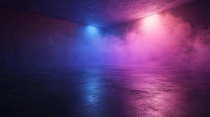 Poster - Street, asphalt abstract background, dark scene, neon light, spotlights, concrete floor, studio room with smoke floating up for display products.