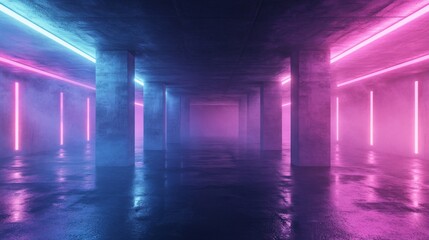 Poster - In this 3D rendering, a bright environment is rendered with a neon smoke concept, wet floor lights, and cement outlines of the street art.