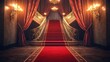 © 69 - A luxurious red carpet leading up a grand staircase, flanked by elegant lights and rich curtains, creating a glamorous entrance.