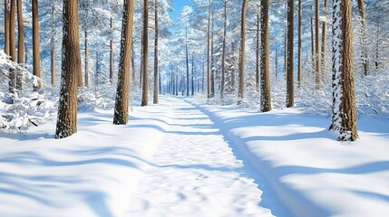  Snow-covered trees in a dense forest, the quiet majesty of winter in the woods, untouched wilderness