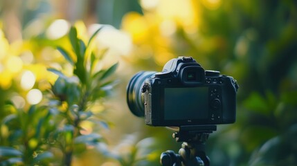 Camera on a Tripod in a Lush Garden