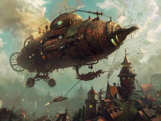 Poster - Steampunk Airship Soaring Over a Fantasy City