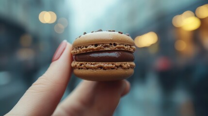 Woman holding delicious Chocolate macaron on Blur city street near cafe paris style,popular desserts loved by everyone with various colors and flavors,French cookies sweet macaron.