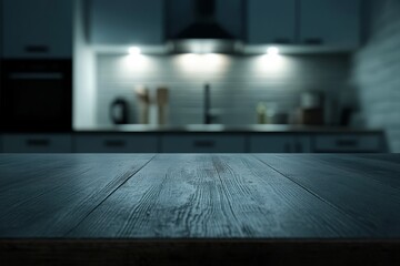 Poster - The background of the wooden table is a free space for your decoration with a blurred background of the kitchen. Copy space. A dark mood interior. The furniture that is in the kitchen is dark.