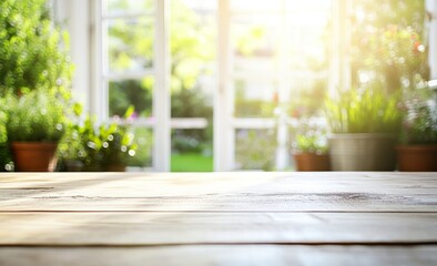 Wall Mural - Background of a window for product display on a wood kitchen table