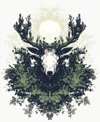 Sticker - A stylized illustration of a deer head surrounded by foliage and a full moon.