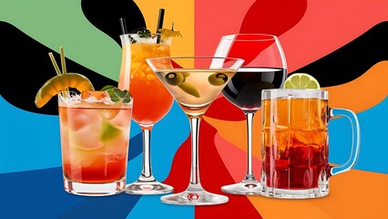 Set of different drinks on bright background