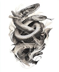 Wall Mural - A detailed illustration of two intertwined snakes with flowing elements.