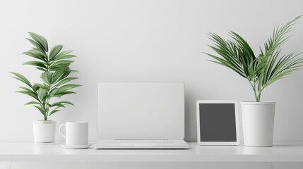 Poster - It consists of a white table with electronic devices, a plant, and electronic devices.