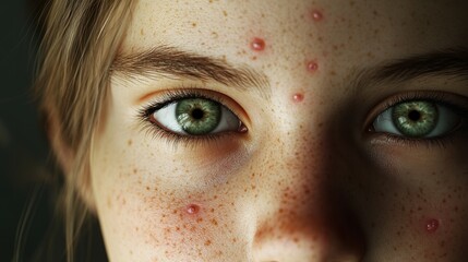 Monkeypox Virus Concept, Close-Up of Caucasian Girl with Facial Rash and Freckles