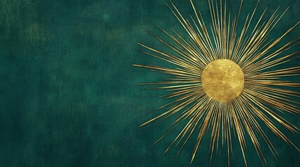 Wall Mural - Minimalist abstract sunburst in gold, on a rich, dark green background