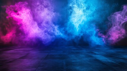 Poster - The concrete floor, studio room with smoke float up the interior texture for display products, with dark street. Abstract dark background, empty dark scene.