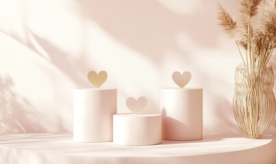 Poster - An ideal podium for product cosmetic presentation mock up of three podiums with hearts for Valentine's Day, Mother's Day, or a wedding podium for displaying banners for beauty products.
