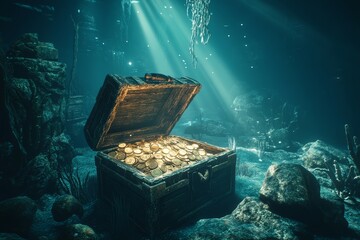 Wall Mural - The golden light from a treasure chest on the ocean's bottom illuminates the wooden chest.