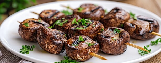 Wall Mural - A plate of delicious grilled mushrooms with herbs, perfect for a vegetarian BBQ or a healthy summer meal.