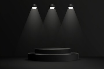 Poster - This abstract black stage template has three cylinder podiums with light beams designed for presenting cosmetic products, goods, advertising, design, and posters.