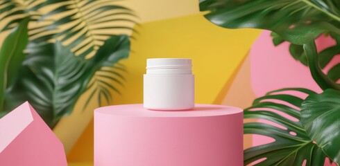 Poster - An attractive summer vivid color background with tropical palm leaves displays cosmetic products. 3D rendering, flat lay.