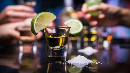 Gold tequila with lime and salt, selective focus