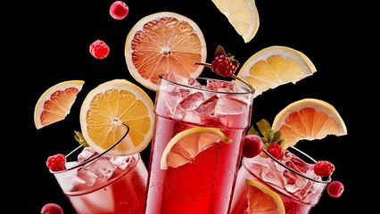 Chilled soft drinks with ice, citrus fruits and berries, black background, selective focus