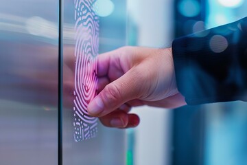 Poster - Businessman is scanning his fingerprint for identity verification on a futuristic digital panel