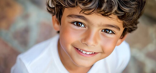 This is an image of a boy with dark hair and brown eyes smiling in a white T-shirt. The image is a copyspace image.