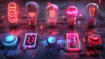 Poster - Design a series of neon lighting control symbols, including illuminated