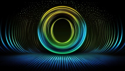 Wall Mural - Circle round frame with wavy lines wavy flowing blue green gradient isolated on black background