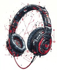 Wall Mural - A stylized illustration of headphones featuring a modern design with red and black colors.