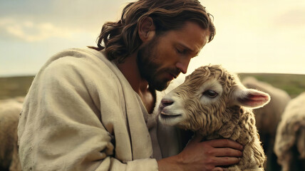 Canvas Print - Classic Biblical Scene of Jesus Christ with a Lamb, Capturing a Serene and Divine Moment New Beautiful Stock Image Illustration AI