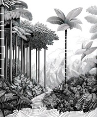 Canvas Print - A monochromatic illustration of a lush forest with various trees and foliage.