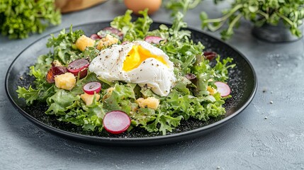 Gourmet salad with poached egg and burrata on a black plate, taken with a Canon R5 DSLR, closeup shot, high resolution, foreground bokeh, natural light, photorealistic quality