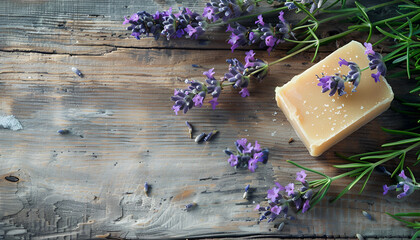 Wall Mural - Natural lavender soap with lavender herbs on wooden background