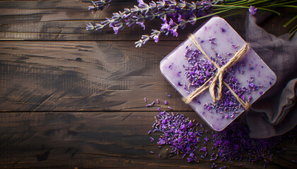 Wall Mural - Natural lavender soap with lavender herbs on wooden background