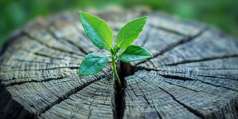 Poster - A close-up photograph of a young sapling with bright green leaves pushing through the cracks of a weathered tree stump