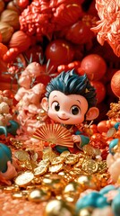 Wall Mural - Cute Cartoon Monkey Figurine Holding a Fan Surrounded by Golden Coins