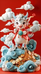 Sticker - Cute Cartoon Ox on Clouds with Gold Coins for Chinese New Year