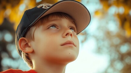 Wall Mural - In a baseball cap and staring into the distance, a young boy looks into the distance.