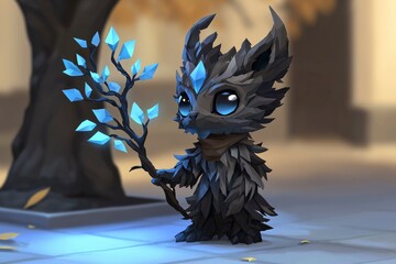 Wall Mural - Cute Black Furry Creature Holding a Crystal Branch